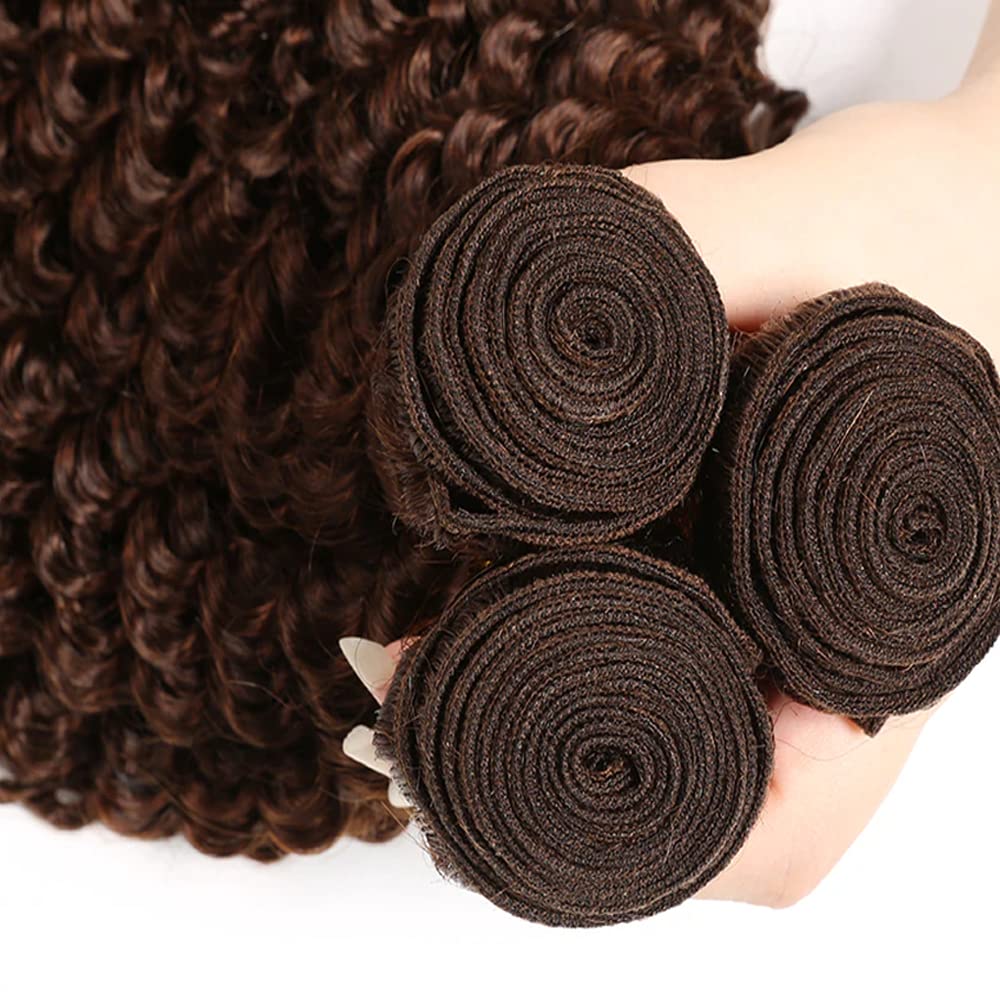 #4 Dark Brown Deep Curly Weave Bundles Human Hair Chocolate Brown Kinky Curly Bundles Double Weft Brazilian Remy Hair Extensions Wet and Wavy Bundles Silky Soft for Black Women(26 26 26 Inch)