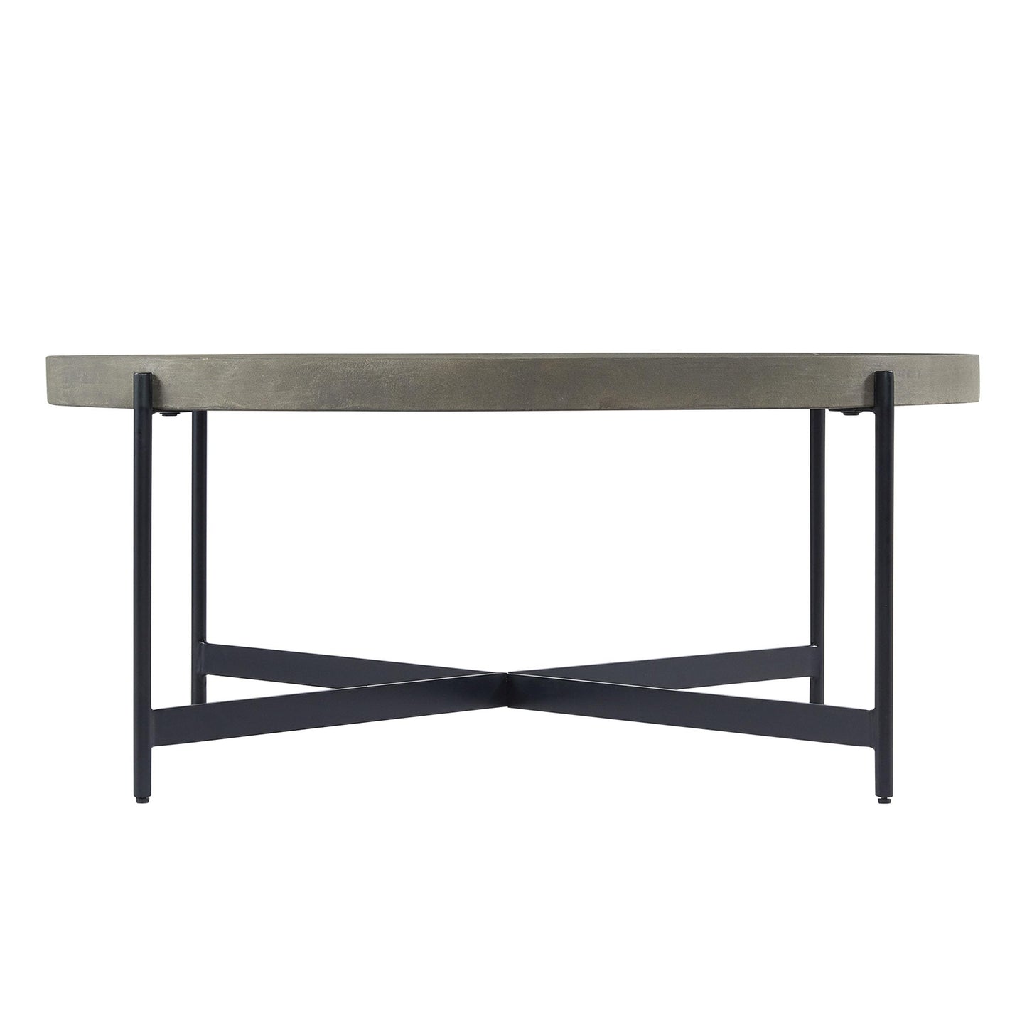 Alaterre Furniture Brookline 42-Inch Round Concrete-Coated Wood Coffee Table with Tray Top and Black Iron Legs – Industrial Farmhouse Living Room Accent Table with X-Frame Base
