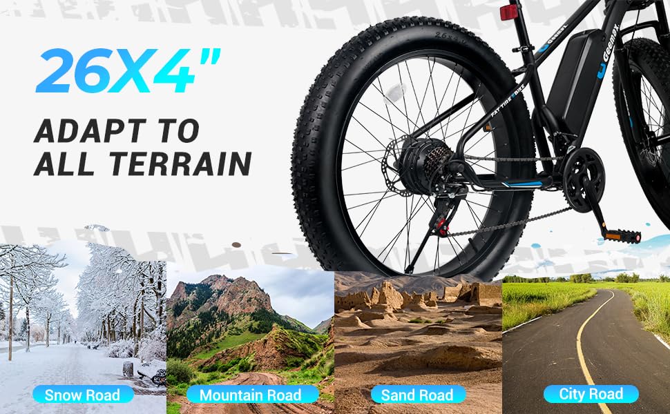 Geemax Electric Bike for Adults, 26" x 4.0 Fat Tire Ebike, 1000W Peak 1500W 48V 15.6Ah Lithium Battery Electric Bicycle, 35MPH, 21-Speed, Up to 50 Miles for Commuting, Beach, Snow