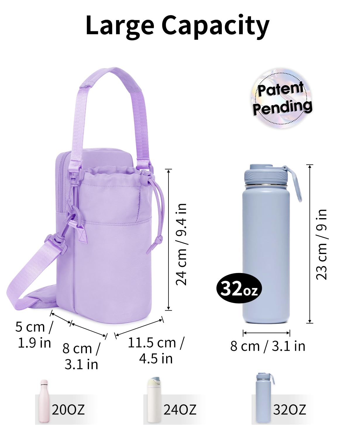 Wandering Nature Water Bottle Holder with Strap 32oz Insulated Water Bottle Carrier Sling Bag with Phone Pocket Water Bottle Pouch for Hiking Walking, Purple (Patent Pending)