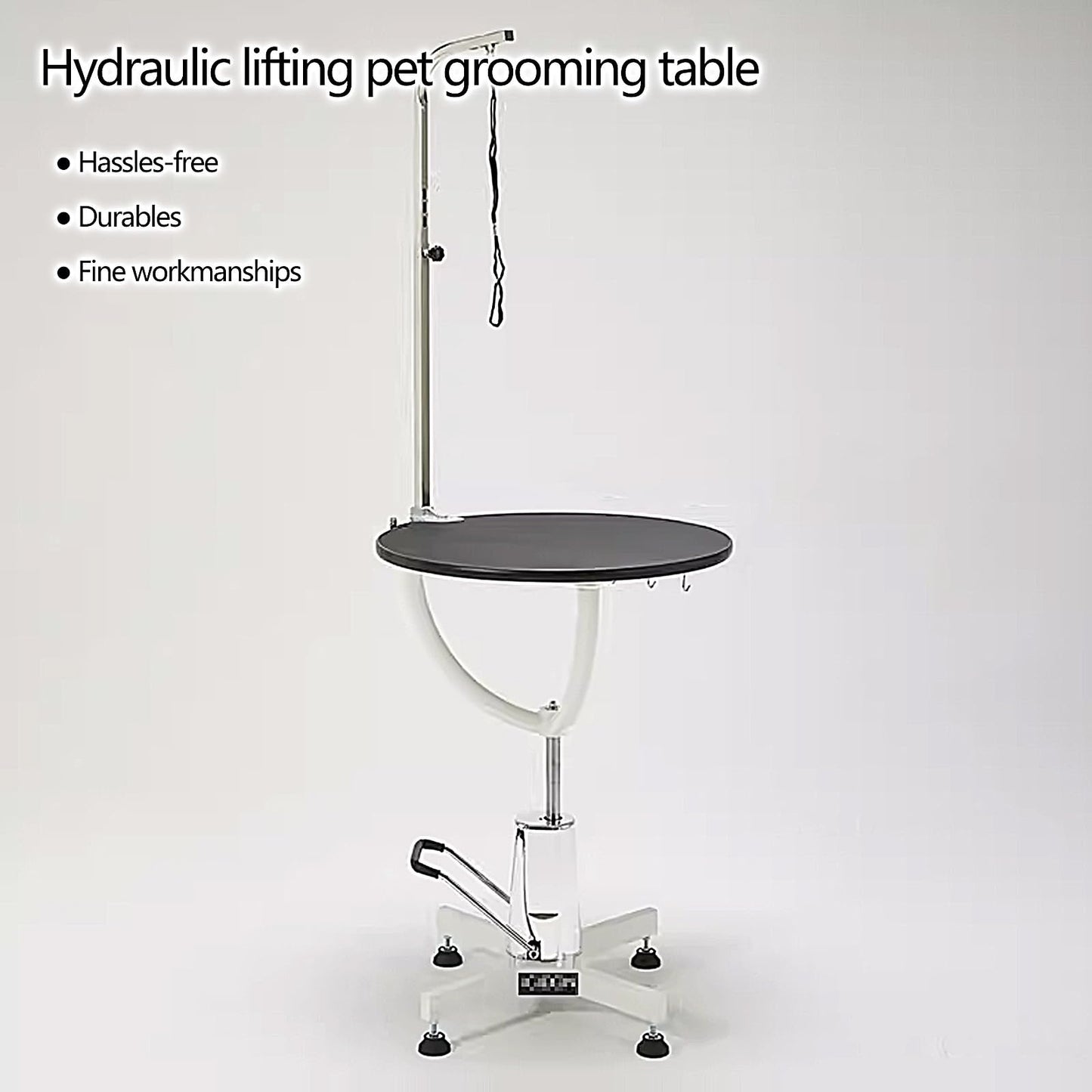 360°Swivel Dog Washing Station Hydraulic Lift Pet Grooming Table Heavy Duty Pet Grooming Table with Non-Slip Countertop Thickened Steel Frame Black and White