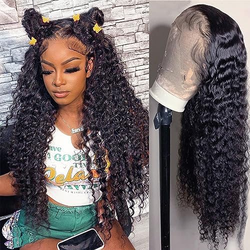 Aonou 13x4 Deep Wave Lace Front Wigs Human Hair Pre Plucked 180% Density HD Transparent Lace Closure Wigs Human Hair for Women 24 Inch Curly Frontal Wig Brazilian Virgin Human Hair (24 inch)