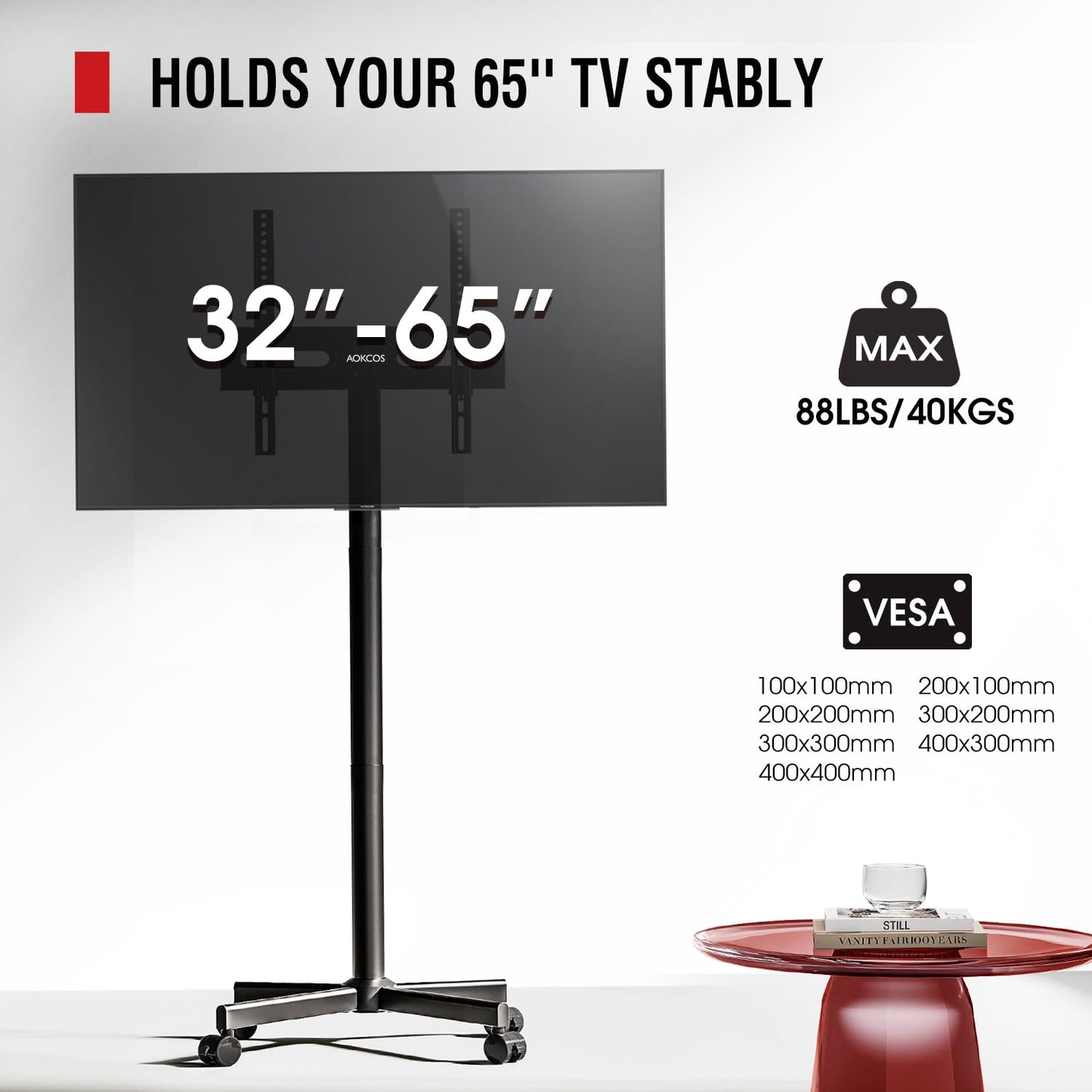AOKCOS TV Cart Rolling TV Stand - Mobile TV Stand for 32-65 inch Flat/Curved TVs Holds up to 88 Lbs, Portable TV on Wheels with Tilting for Living Room, Bedroom, Office, Max VESA 400x400mm