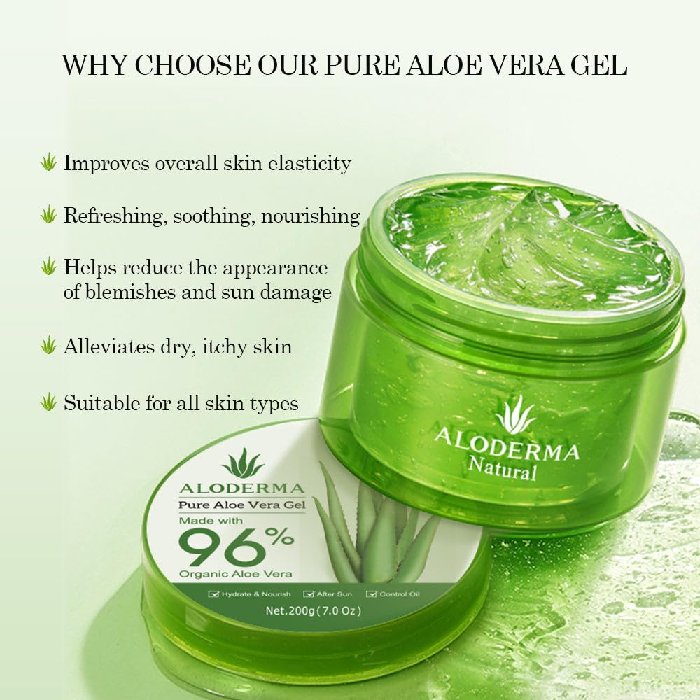 Aloderma Organic Aloe Vera Gel for Face Made within 12 Hours of Harvest, 96% Pure Aloe Vera Gel for Skin, Scalp, & Hair, Soothing Aloe Face Moisturizer, Multipurpose Skin Care, Hydrating Aloe Gel, 7oz