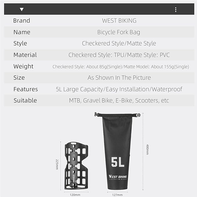 Lixada Bike Fork Bag 5L Bicycle Bag Bicycle Front Bag Bicycle Fork Bag Waterproof Dry Bag Bike Riding Bag Bike Panniers for Mountain Bikes Road Bikes