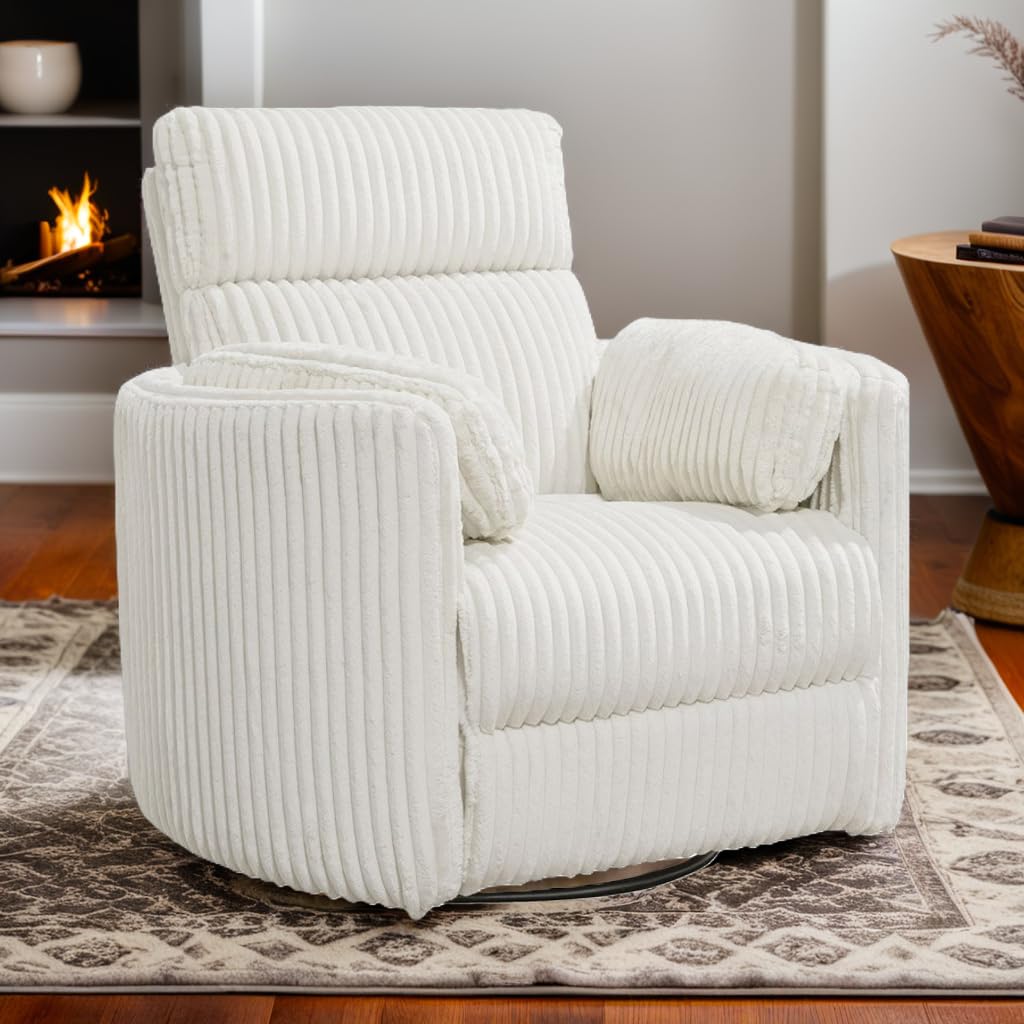 Pemberly Row Contemporary Fabric Swivel Glider Recliner in Ivory with USB Charging Ports and 2 Comfort Pillows for Living Room