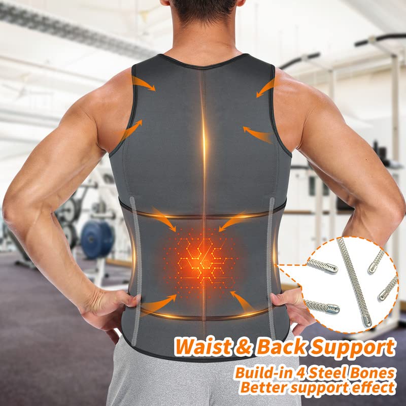 SHAPERIN Sweat Sauna Vest for Men Waist Trainer Body Shaper Zipper Neoprene Tank Top with Adjustable Belt Gray S