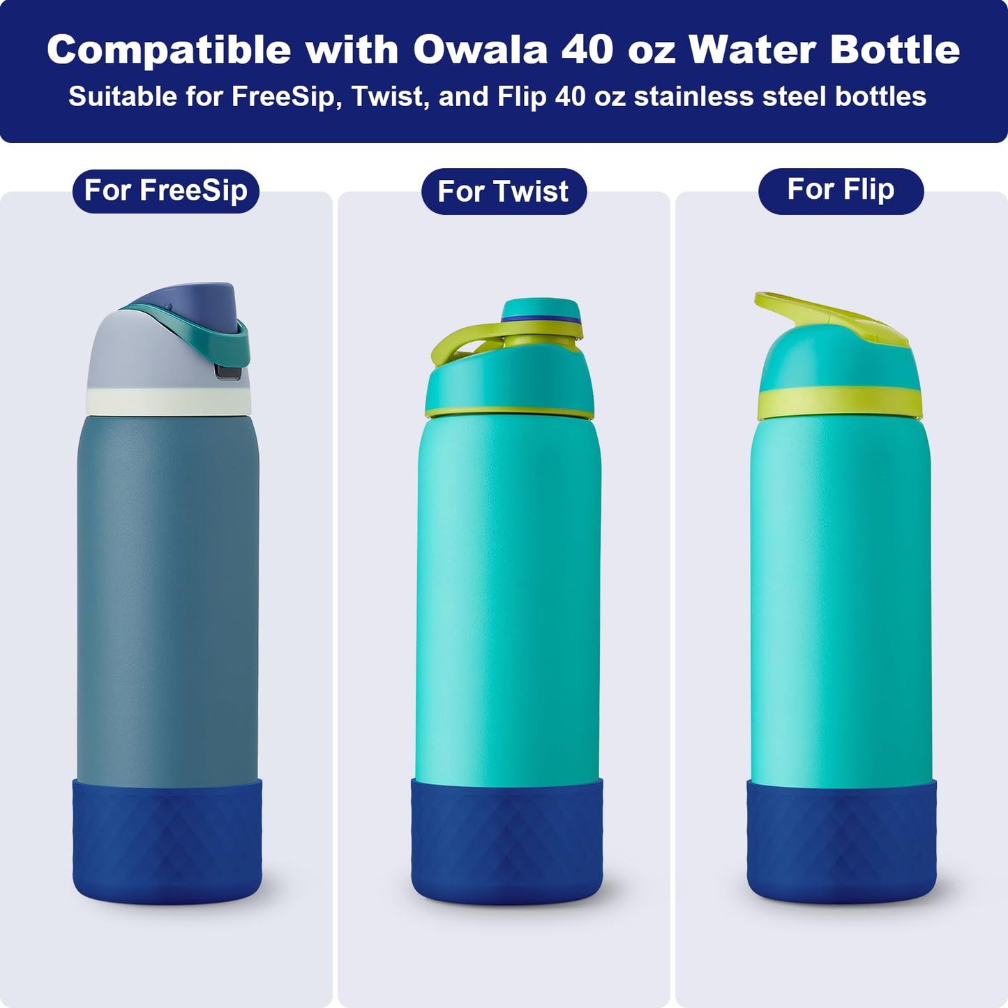 Alwenid 2PCS Silicone Water Bottle Boot for Owala 40 Oz, Anti-Slip Protective Sleeve Bottom Bumper Protector for FreeSip, Twist, and Flip Stainless Steel Water Bottles (Royal Blue)