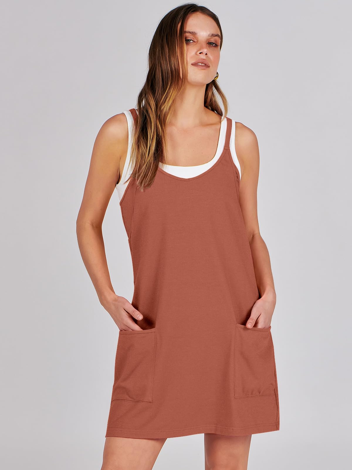 ANRABESS Women Summer Mini Romper Dress Workout Tennis Active Sports Athleisure Outfits Built in Shorts Trendy Vacation Rust X-Smal