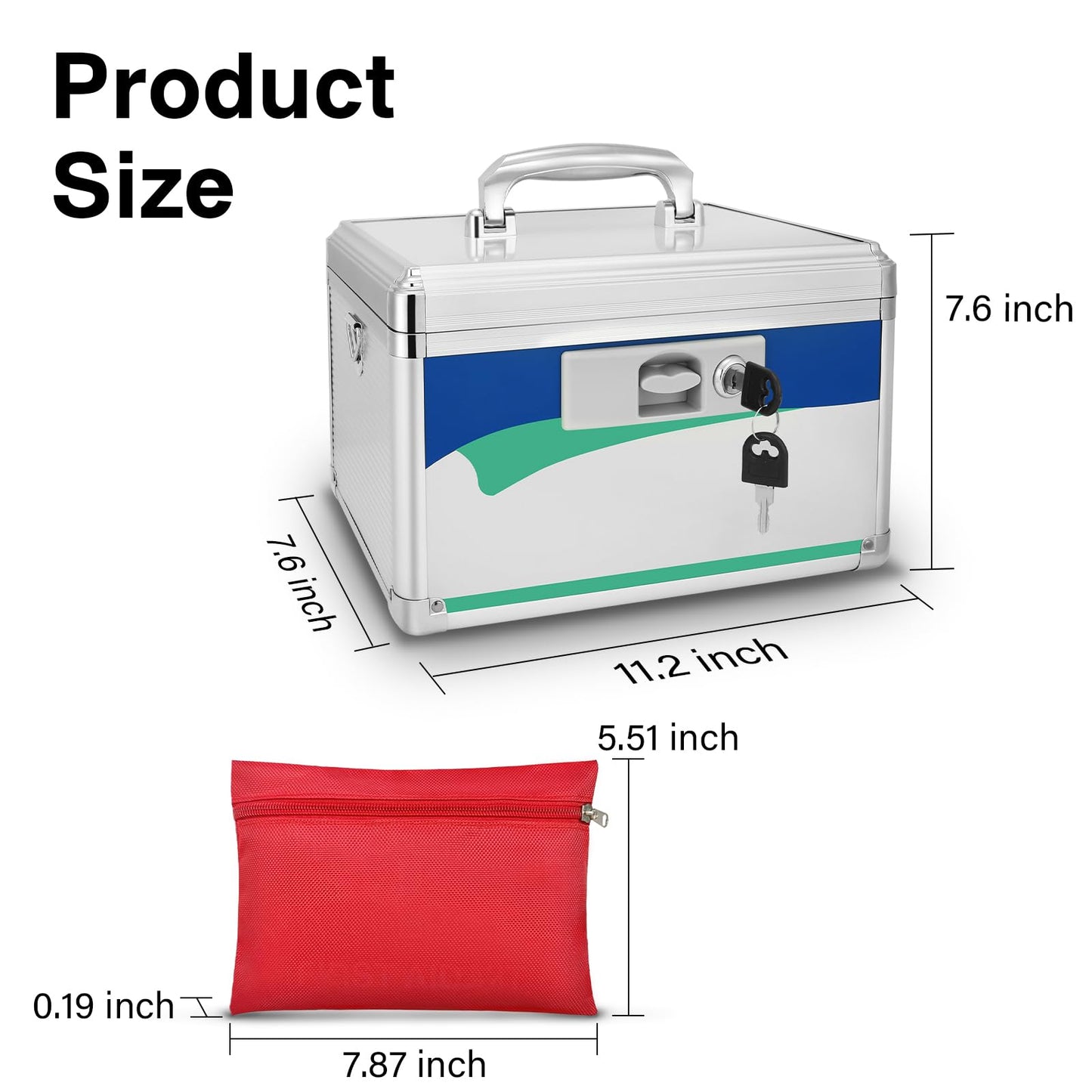 BAGAKE 12-Inch Medicine Lock Box - Keyed Security for Home & Outdoor Use | Lockable Storage Box Durable Aluminum Design | Fits Family Essentials 11.2'' x 7.6'' x 7.6'' Blue