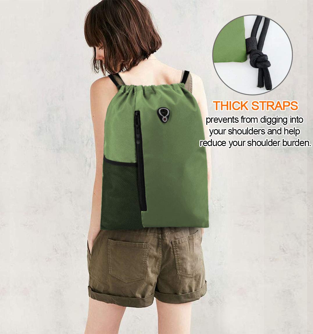 BeeGreen Green Drawstrings Backpacks Bags For Men String Backpack For Women With Water Bottle Pocket &Front Zippered Pocket Large Sackpack For Traveling Yoga Beach Outdoor Gym