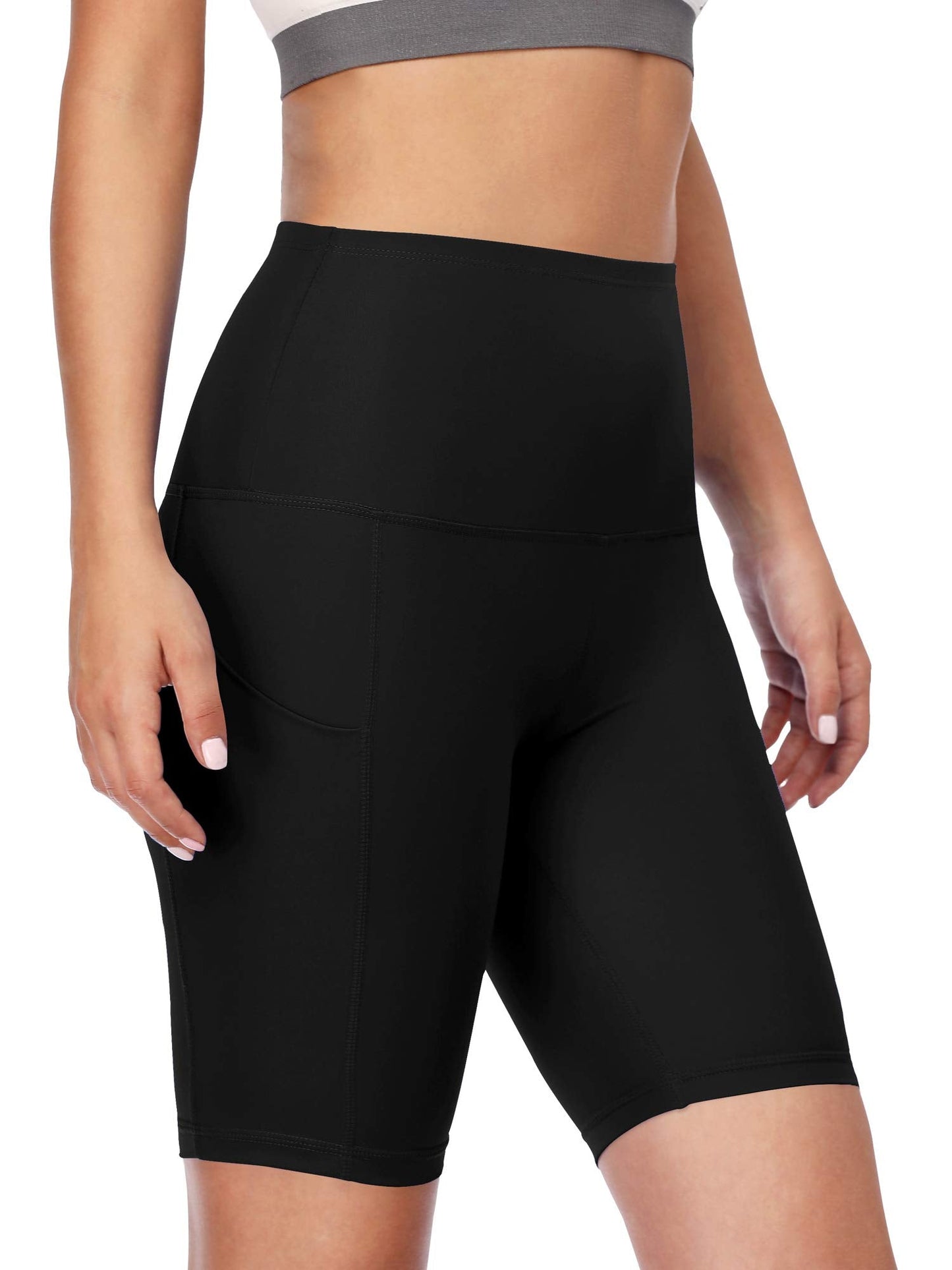 CADMUS Women's High Waist Spandex Yoga Shorts for Bike Running Two Side Pockets,1010,Black,Black,Black,Medium
