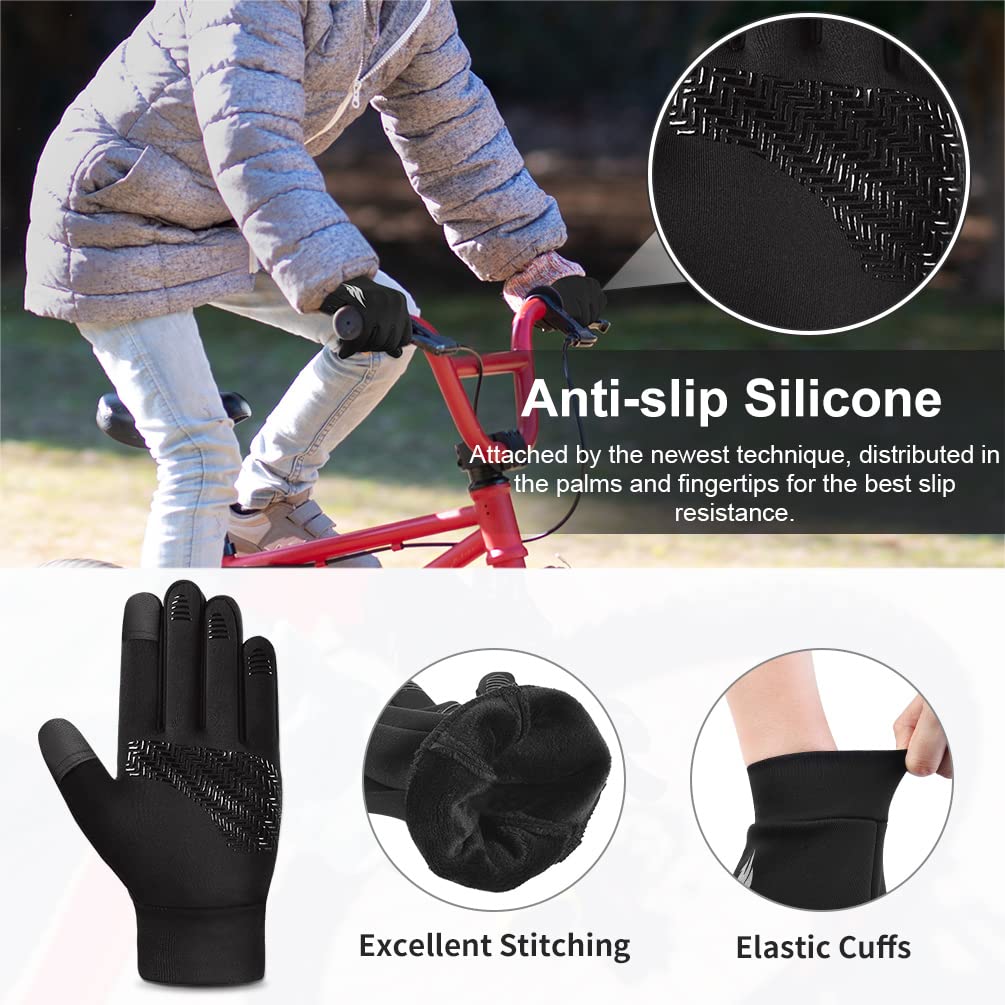 aopow Kid Gloves Kids Touchscreen Gloves - Winter Warm Cold Weather Gloves Touch Screen Running Gloves Thermal Riding Cycling Gloves for Boys Girls 10-12 Years, L