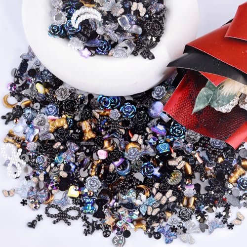 Kikonoke 1400 Pieces 3D Butterfly Rose Flower Bow Rabbit Bear Nail Charms Kit with Nail Art Rhinestones Pearls Crystal Gems Nail Slices for Manicure DIY Crafts Jewelry Accessories (Pink Blue)