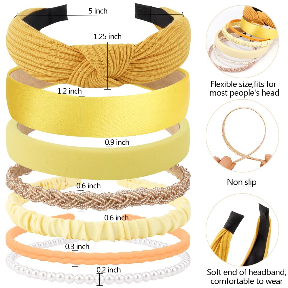 AHONEY 7 Pack Yellow Headbands for Women Girls Headbands Trendy Non Slip Hairbands Cute Hair Accessories Multi-style Headband Pack Diademas Para Mujer (Yellow)