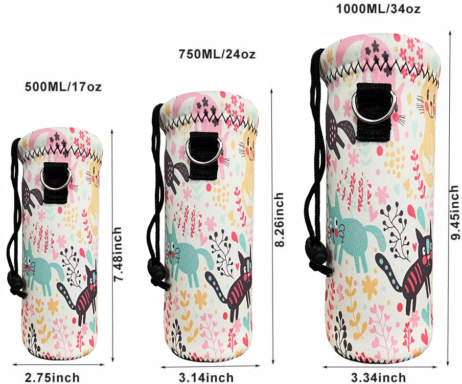 RICHEN Neoprene Water Bottle Carrier Bag with Adjustable Shoulder Strap,Insulated Water Bottle Cover for 500ml/16oz Stainless Steel/Glass/Plastic Bottles (Colorful Kittens,500ML)