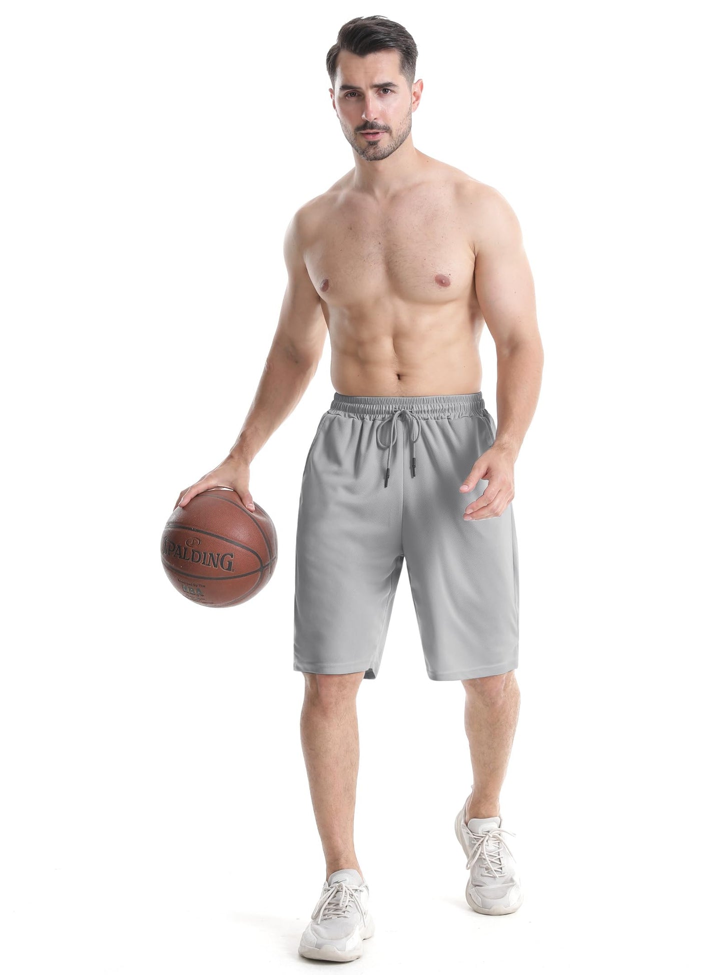 Aolesy Men's Athletic Shorts 10 inch Long Basketball Shorts Quick Dry Gym Workout Shorts with Zipper Pockets Casual Sport Shorts Light Grey