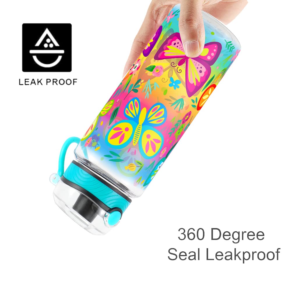 Cute Water Bottle for School Kids Girls, BPA FREE Tritan & Leak Proof & Easy Clean & Carry Handle, 23oz/ 680ml - Butterfly