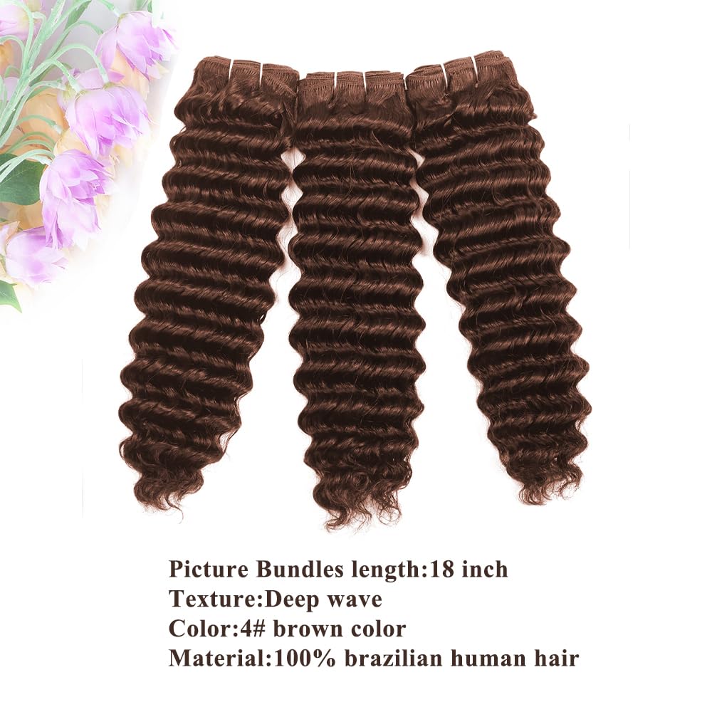 ALLRUN Deep Wave Brown Human Hair Bundles Curly Bundles Chocolate Brown Bundles For Braiding Brazilian Human Hair Bundles Curly Wave Extensions 4# Color 141618 Inch