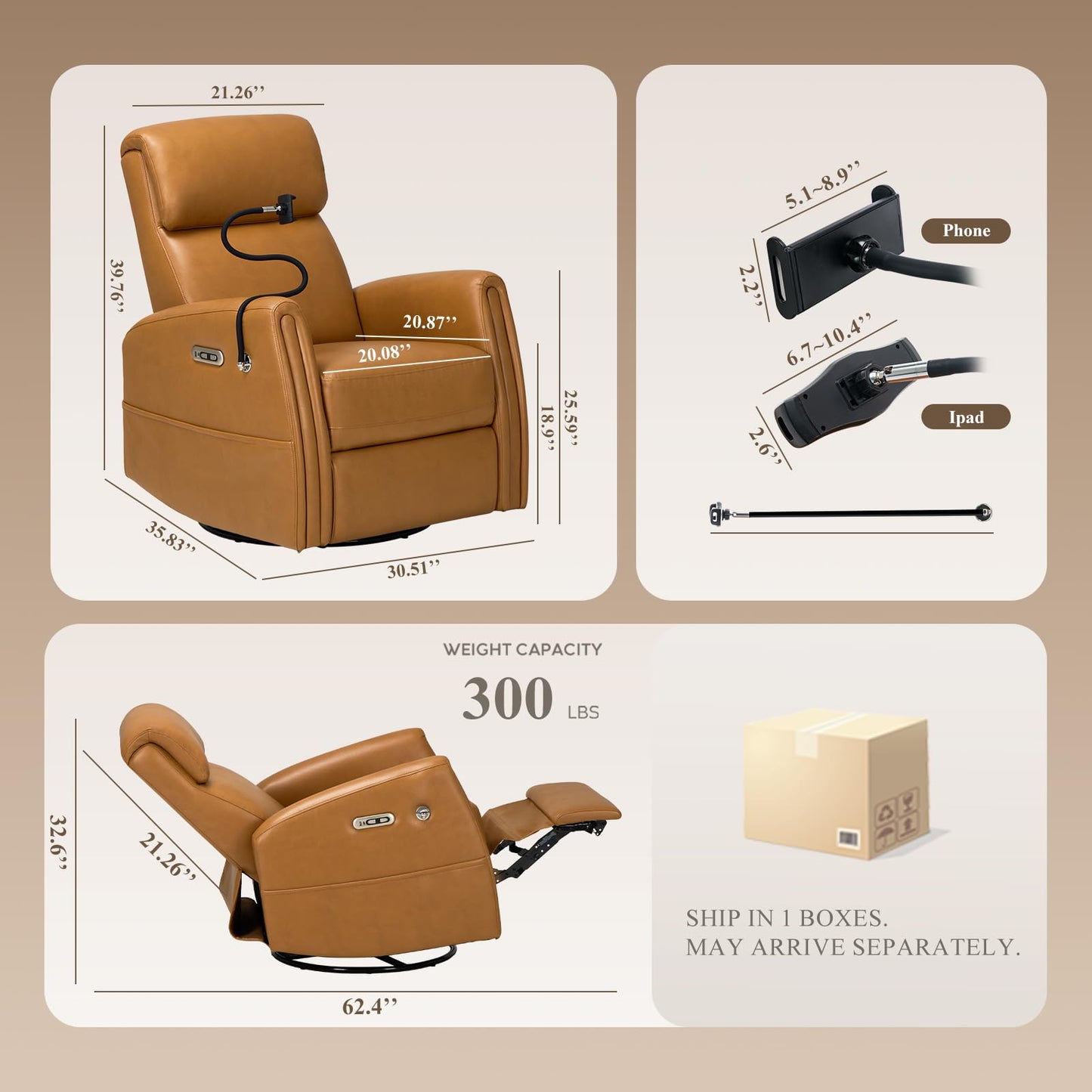 COLAMY Electric Power Swivel Recliner Chair, PU Leather Rocking Chair, 270° Swivel 145° Recliner Chair with Built-in Charging Ports for Living Room, Home, CognacBrown