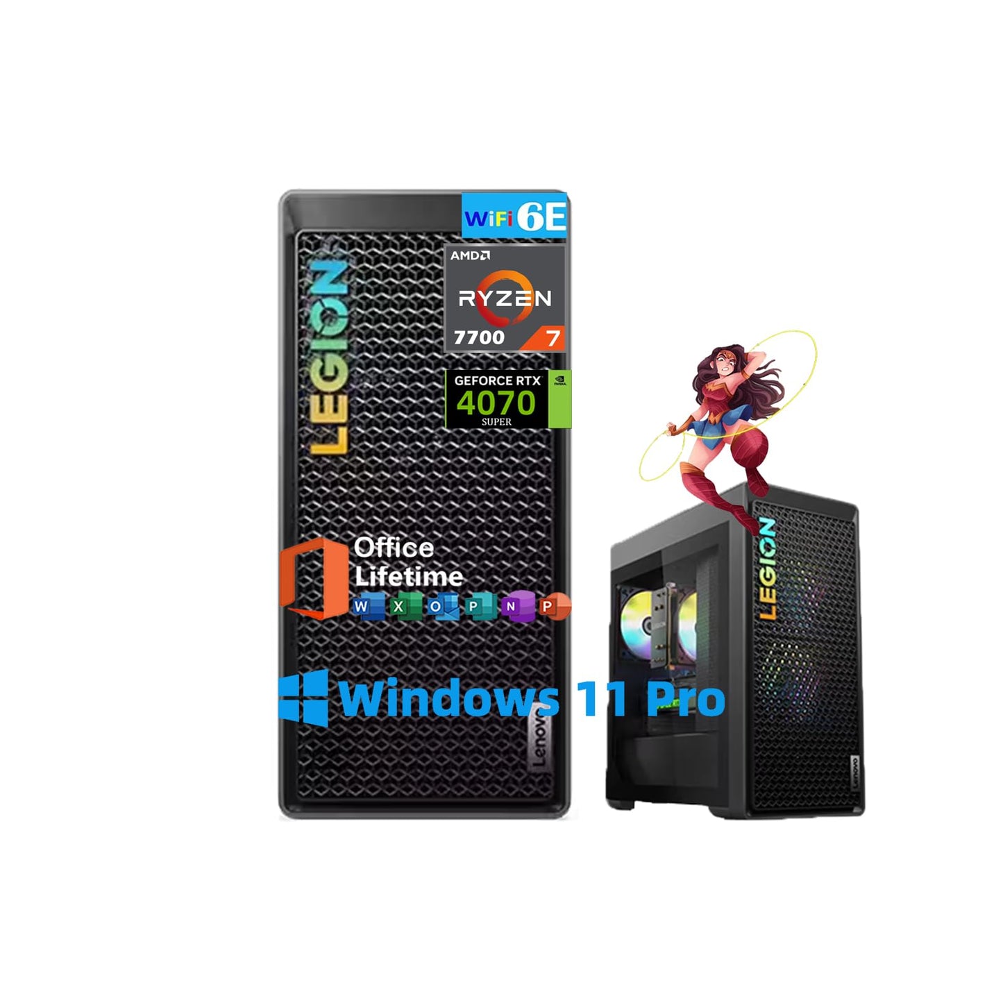 Lenovo Legion Tower T5 Gen 8 Gaming Desktop PC, AMD Ryzen 7 7700 Processor with RTX 4070 Ti Super 16GB GDDR6X, WiFi 6E, BT5.3, KB, Mouse Set, Windows 11 Pro, Office Pro Lifetime (32GB RAM | 2TB SSD)