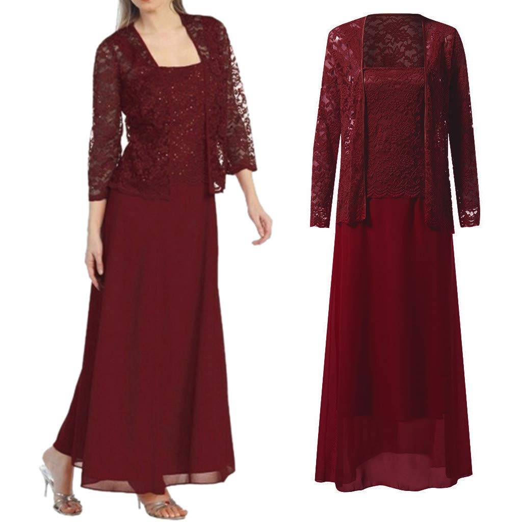 Aniywn Women Plus Size Two Piece Long Sleeve Party Dress Lace Solid Color Elegant Long Maxi Dress Mini Dress Wine