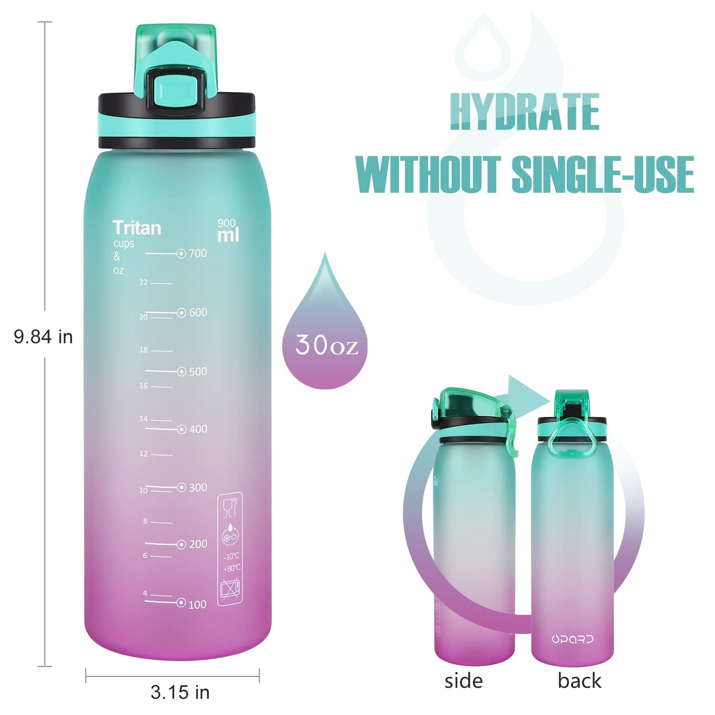 Opard 30oz Sports Water Bottle with Leak Proof Flip Top Lid BPA Free Tritan Reusable Plastic for Gym and Outdoor