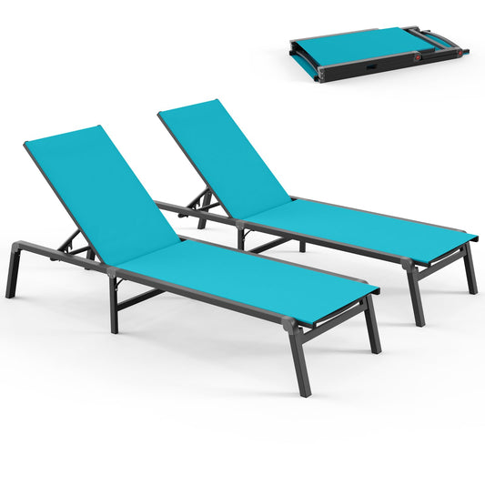 Vexwalx Pool Lounge Chairs Set of 2, Foldable Aluminum Chaise Lounge Outdoor with 5 Positions Recliner - Free Assembly - Patio Chaise Lounge Chair for Poolside, Beach, Yard (Lakeblue, 2 Pack)