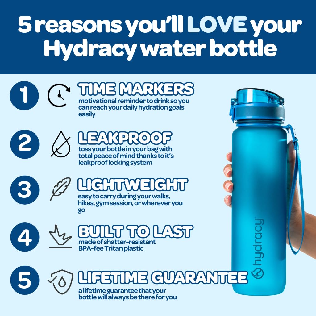 Hydracy Water Bottle with Time Marker -Large 32 oz BPA Free & No Sweat Sleeve -Leak Proof Gym Bottle with Fruit Infuser Strainer & Times to Drink -Ideal Gift for Fitness Sports & Outdoors