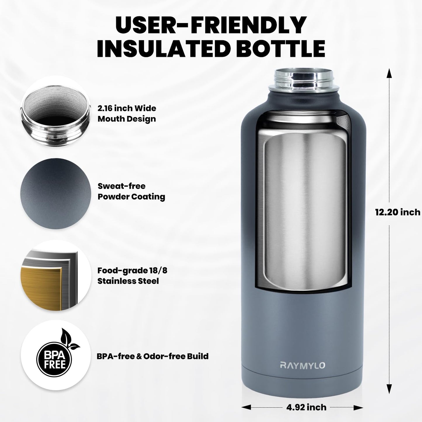 RAYMYLO Insulated Water Bottle 87 oz, Triple Wall Vacuum Stainless Steel (Cold for 48 Hrs), Leak Proof & Non-BPA, Modern Water Flask Jug with Paracord Handle & Straw Spout Lids, Dark Grey