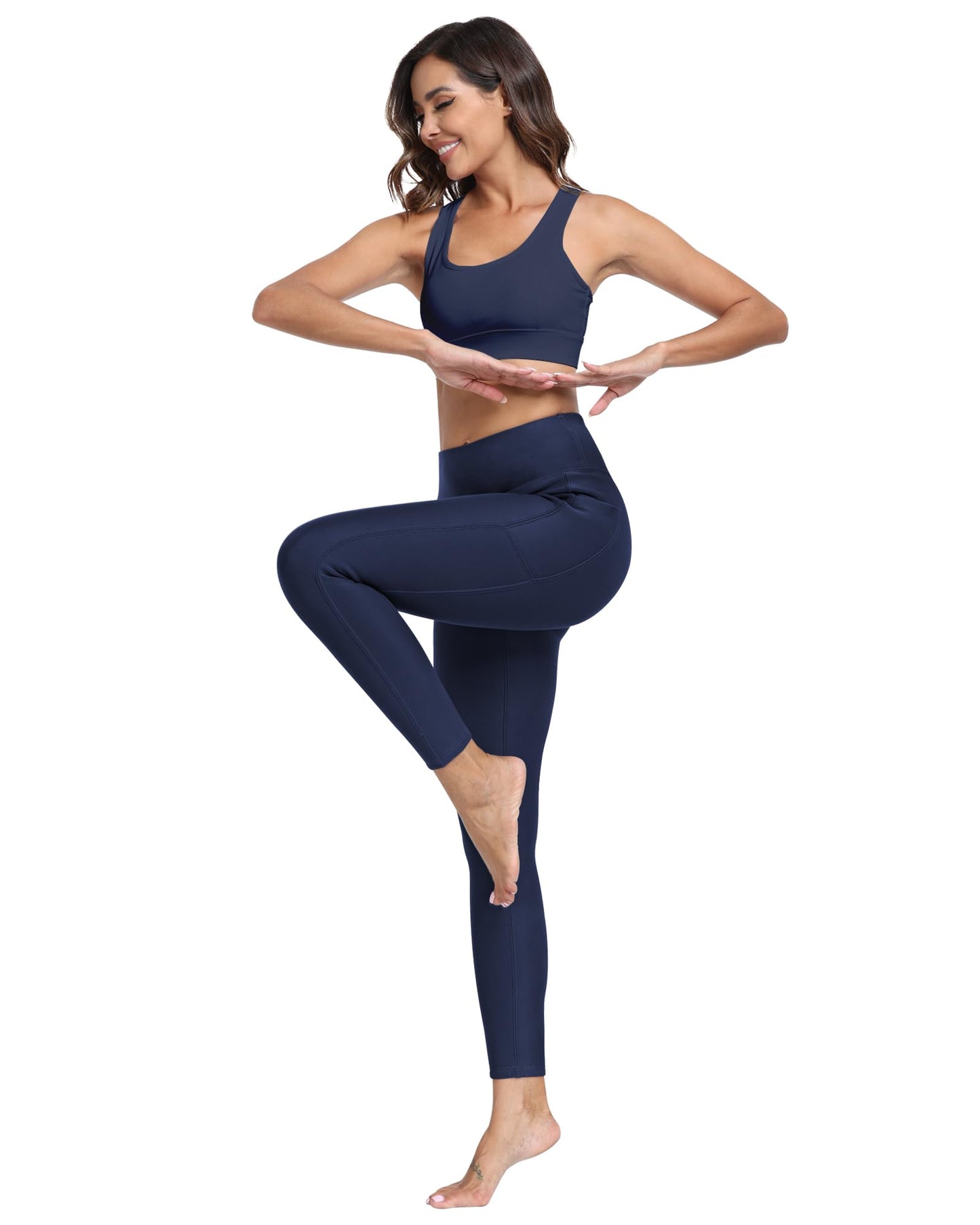 NORMOV Fleece Lined Leggings with Pockets for Women,High Waisted Winter Thermal Warm Sherpa Leggings(Navy, XL)