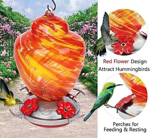 REZIPO Hummingbird Feeder with Perch - Hand Blown Glass - 38 Fluid Ounces Hummingbird Nectar Capacity Include Hanging Wires and Moat Hook (Yellow)