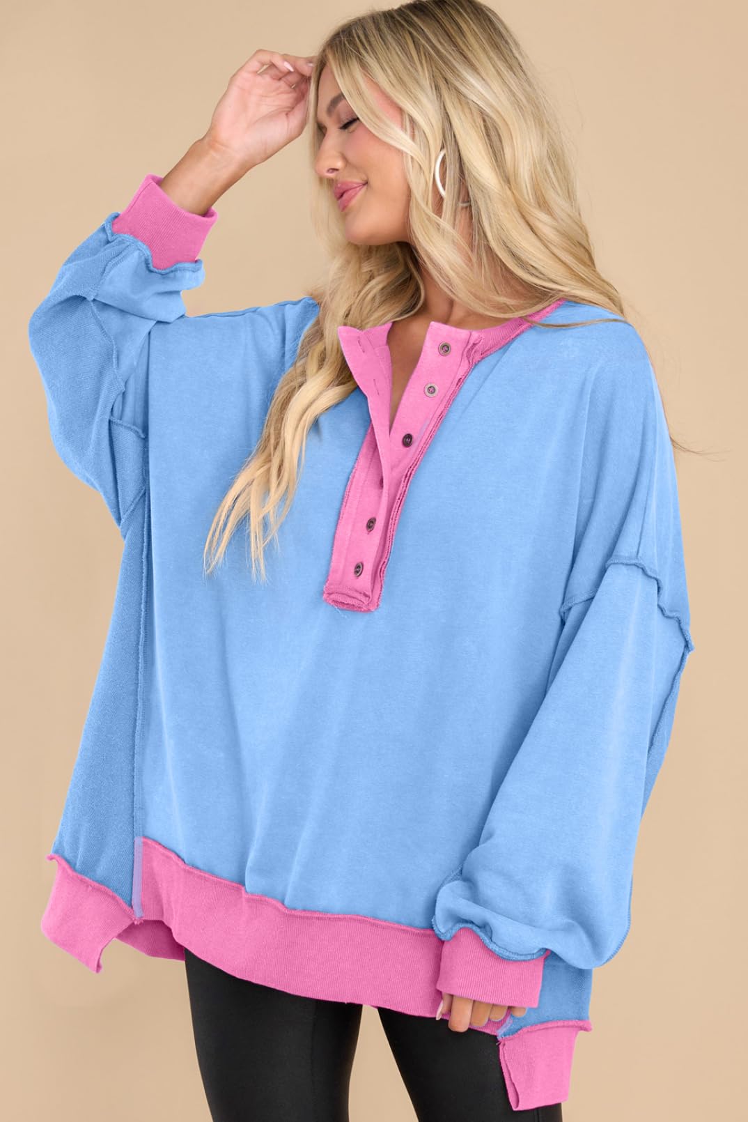 AlvaQ Pullover Sweatshirts For Women 2024 Winter Loose Long Sleeve Button Down Casual Henley Neck Colorblock Drop Shoulder Sweatshirt Tops Sky Blue Pink X-Small