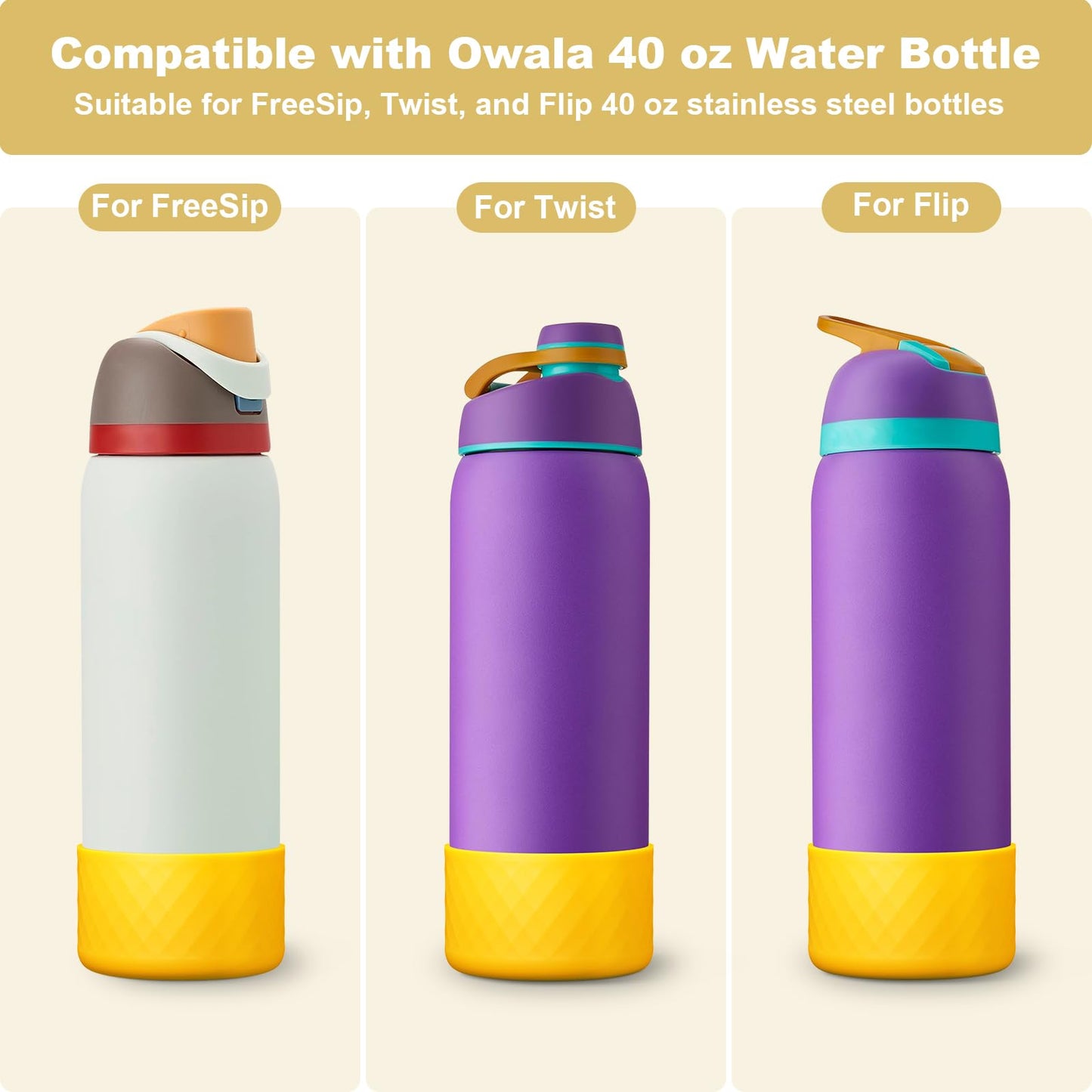 Alwenid 2PCS Silicone Water Bottle Boot for Owala 40 Oz, Anti-Slip Protective Sleeve Bottom Bumper Protector for FreeSip, Twist, and Flip Stainless Steel Water Bottles (Yellow)