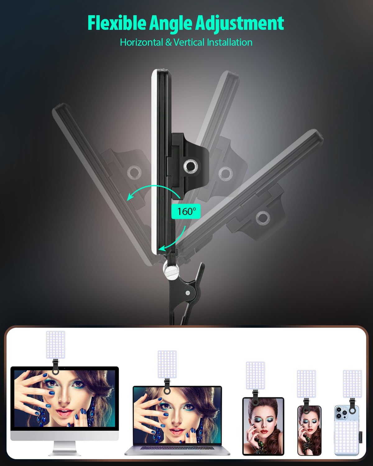 60 LED Portable Selfie Light Video Conference Lighting with Clip & Camera Tripod Adapter Rechargeable 2200mAh CRI 97+, 3 Light Modes for Phone iPhone Webcam Laptop Photo Makeup (Dark Greay)