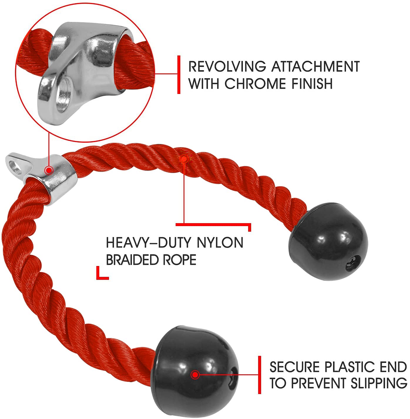 Yes4All Deluxe Red Tricep Rope 36 Inches Black Cable Attachment, Pulley System Gym Pull Down Rope with Carabiner, Exercise Machine Attachment