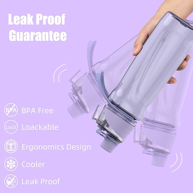 FEIJIAN Mist Water Bottle,32oz Sports Water Bottle with 2-IN-1 Mist & Sip Function, BPA-Free Plastic Water Bottles, Misting Water Bottle, Leakproof & Lightweight, Ideal for Fitness and Outdoor, Purple