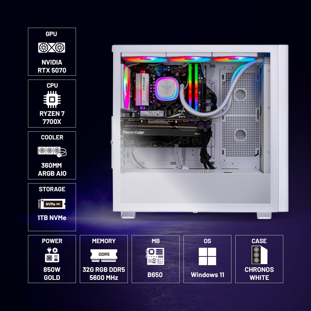 Skytech Gaming Chronos 3 Desktop PC, Ryzen 7 7700X 4.5 GHz (5.4GHz), NVIDIA RTX 5070 12GB, 1TB NVMe SSD, 32GB DDR5 RAM 5600 RGB, 850W Gold PSU, 360mm ARGB AIO, Wi-Fi, Win 11