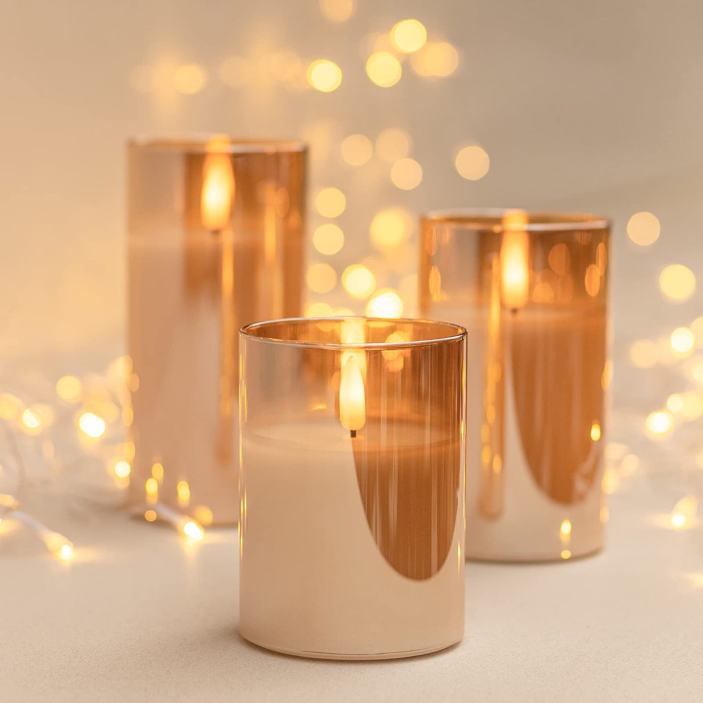 ANGELLOONG Glass Flickering Flameless Candles with Remote, Battery Operated Candles with Timer, Fake LED Pillar Candles for Home Fireplace Mantle Bathroom Decor, Gold