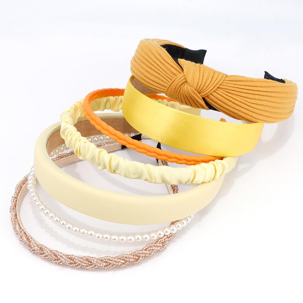 AHONEY 7 Pack Yellow Headbands for Women Girls Headbands Trendy Non Slip Hairbands Cute Hair Accessories Multi-style Headband Pack Diademas Para Mujer (Yellow)