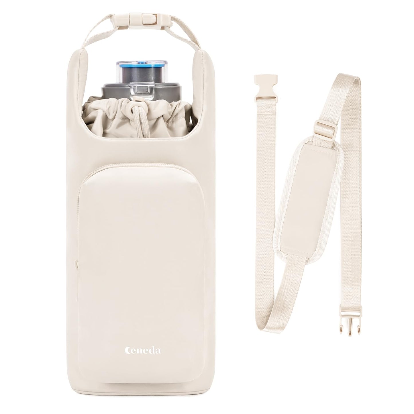 Ceneda Water Bottle Carrier Bag with Phone Pocket 32oz 40oz Tumbler Insulated Water Bottle Holder with Adjustable Shoulder Strap Carrier Sling Bag (Beige)