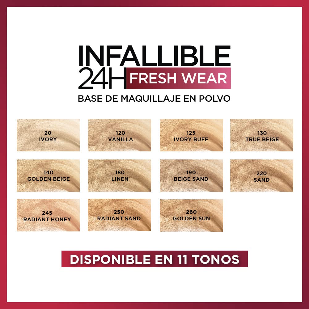 L'Oreal Paris Makeup Infallible Fresh Wear Foundation in a Powder, Up to 24H Wear, Waterproof, Linen, 0.31 oz.