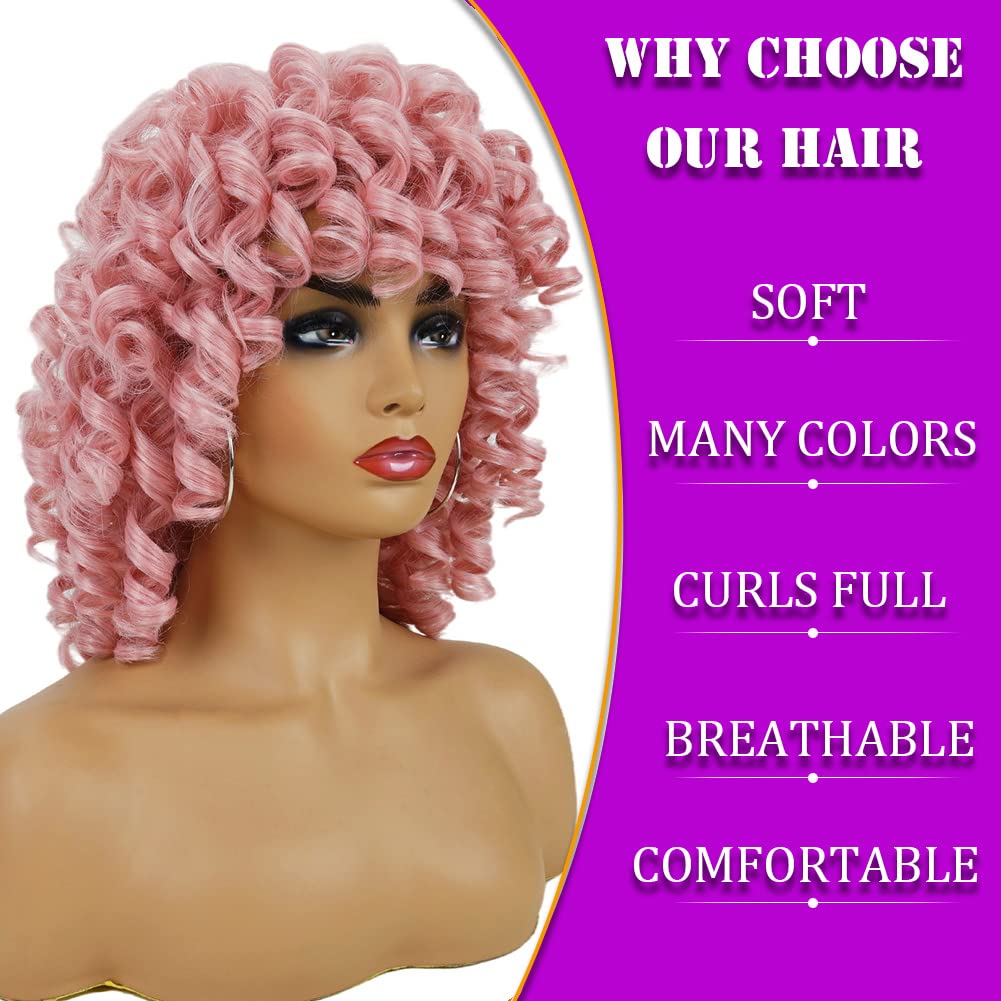 andromeda Pink Curly Wigs for Black Women Short Kinky Curly Wig with Bangs Loose Curly Heat Resistant Fiber Hair Wig for Women Halloween Cosplay Party Wigs (Pink)