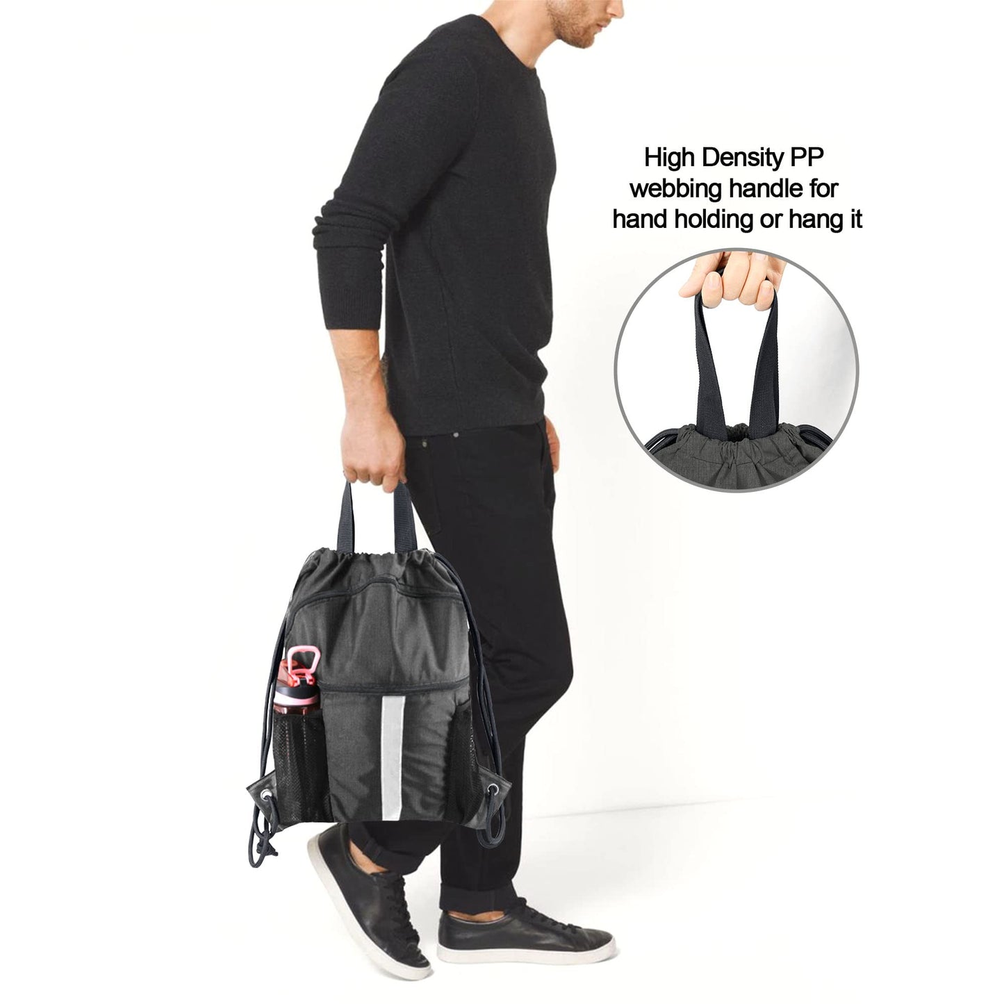 BeeGreen Mix Black Drawstring Backpack with Shoe Compartment X-Large Gym Sports String Cinch Backpack Athletic Sackpack with Front Inside Zipper Pockets