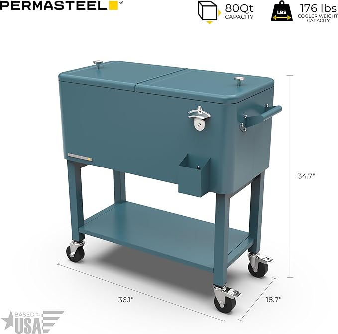 Permasteel Party Cooler with Removable Basin, Spacious 80-Qt Capacity, Rolling Ice Chest for Indoor and Outdoor Entertainment Teal + Bonus Cover