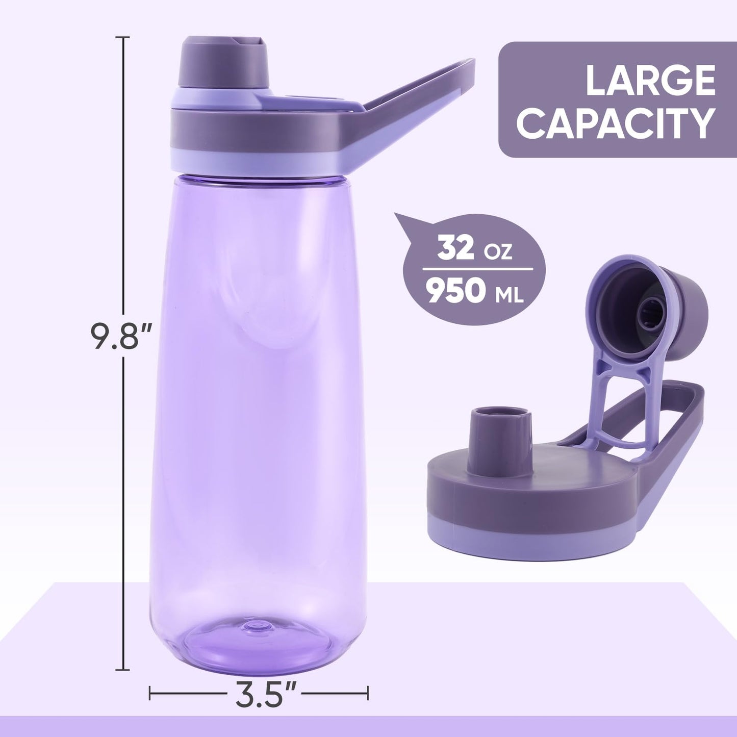 Kerilyn 32oz Water Bottle, Wide Mouth Plastic Water Bottles Chug Lid Sports Water Bottle, Double Walled Reusable Water Bottle With Handle, Leakproof Bottles for Travel, Fitness, Men, Women, Purple