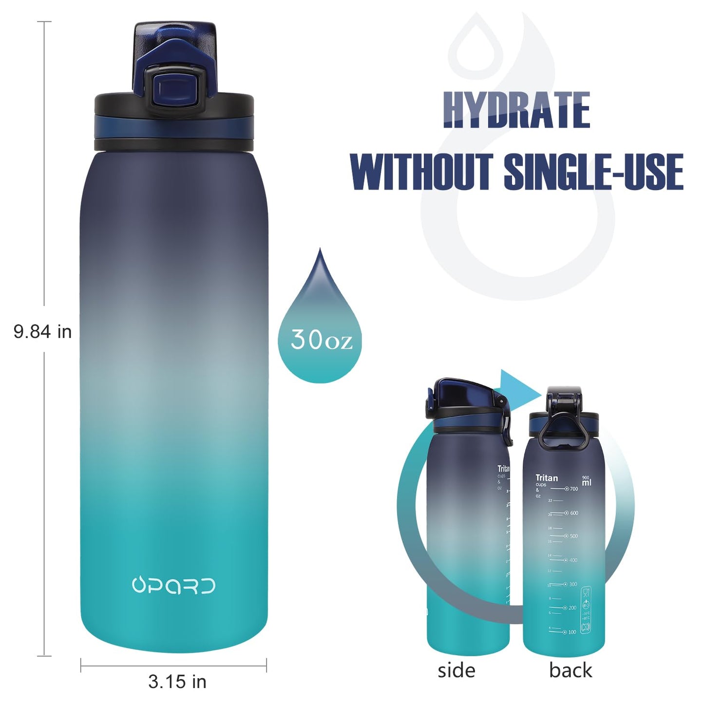 Opard 30oz Sports Water Bottle with Leak Proof Flip Top Lid BPA Free Tritan Reusable Plastic for Gym and Outdoor