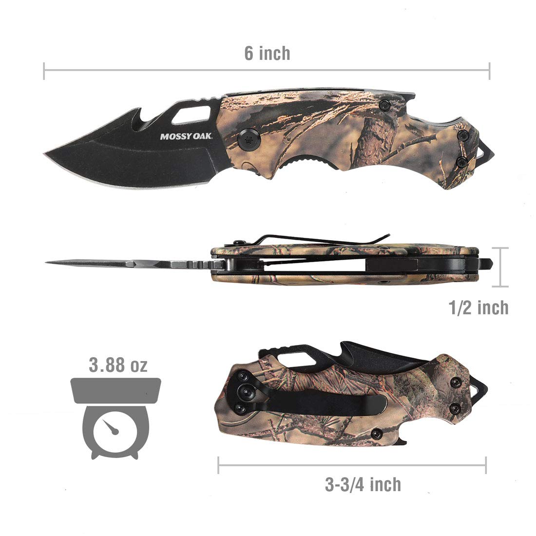 Mossy Oak Mini Folding Pocket Knife for Men, Camo Pocket Knife with Bottle Opener and Glass Breaker - Stainless Steel Drop Point Blade EDC Multi-tool (Camo)