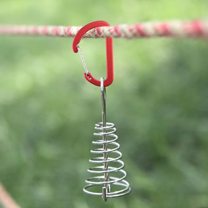 TRIWONDER 6pcs Deck Plank Board Tent Stakes Aluminum Spring Anchor Fishbone Guyline Cord Adjuster Tent Pegs with Carabiners for Outdoor Camping Hiking