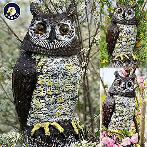 Solar Powered Owl with Motion Detection, Silent Mode, Flashing Eyes, Rotatable Head and Realistic Hoots, Plastic Owl Decoration for Home, Garden, Patio and Fence